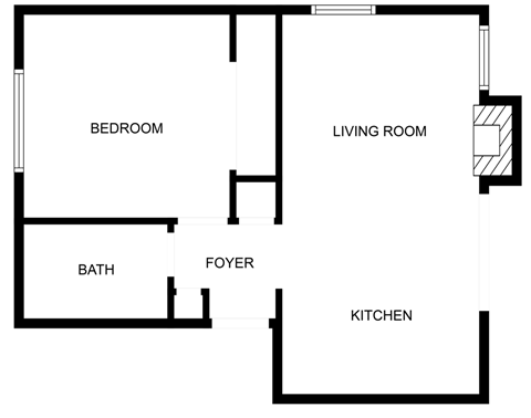 A floor plan of a small apartment with a bedroom, living room, kitchen, bath, and foyer.
